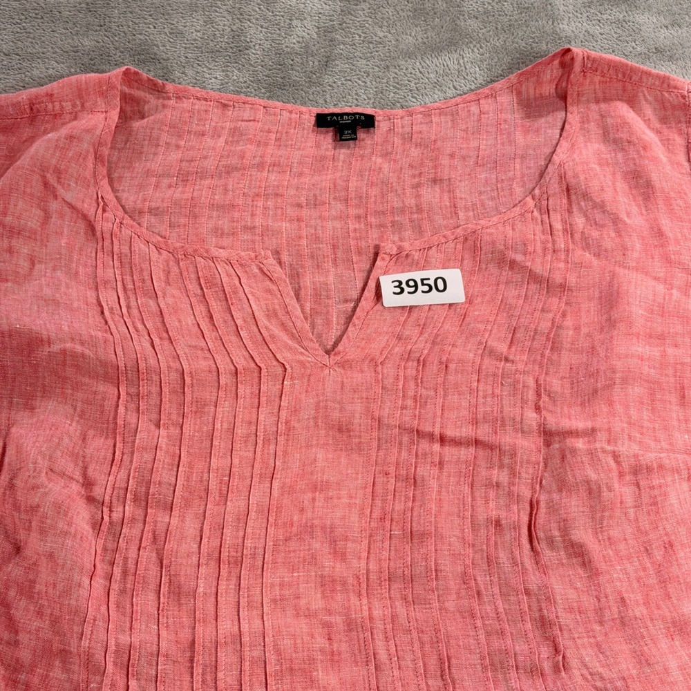 Talbots Blouse Womens 2X Pink 100% Linen Pintuck Pleat Split Neck 3/4 Sleeve